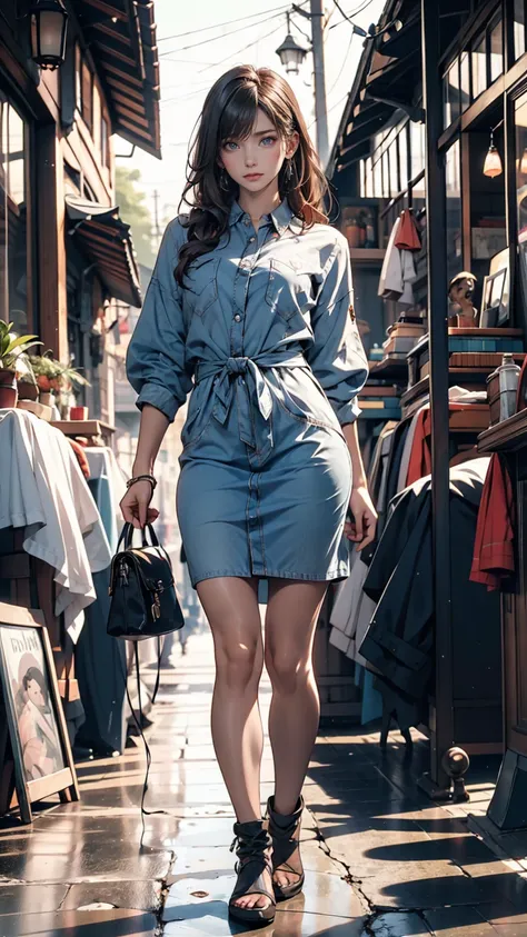 A young woman standing on the road, Blur the background, beautiful, Realistic