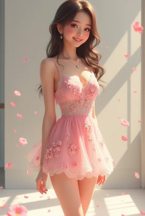 Lace，Pink floral dress，Short skirt，whole body，High heel，Smile，Looking at the camera lovingly，student
