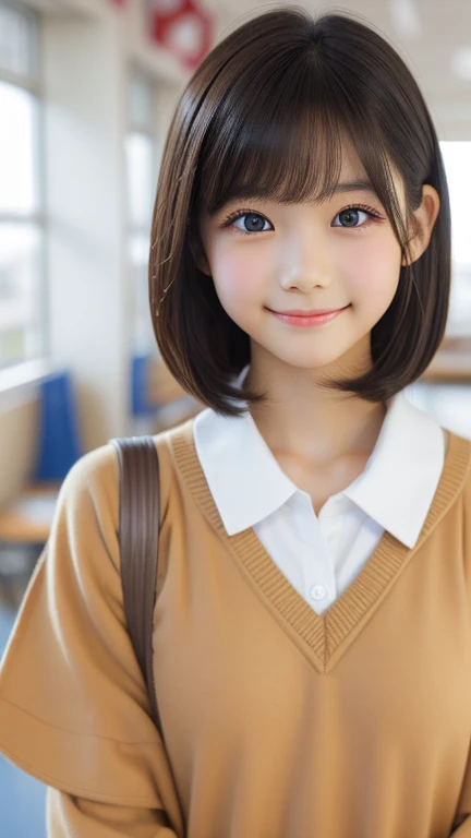 One person,Face in perfect proportions, Balanced Eyes, double eyelid,Japanese,young girl, Innocent face, smiling,,Beautiful nose, Lip gloss,shoot from front,look at a viewer,shorthair with bangs,wearing a uniform,in schoolgym,daytime