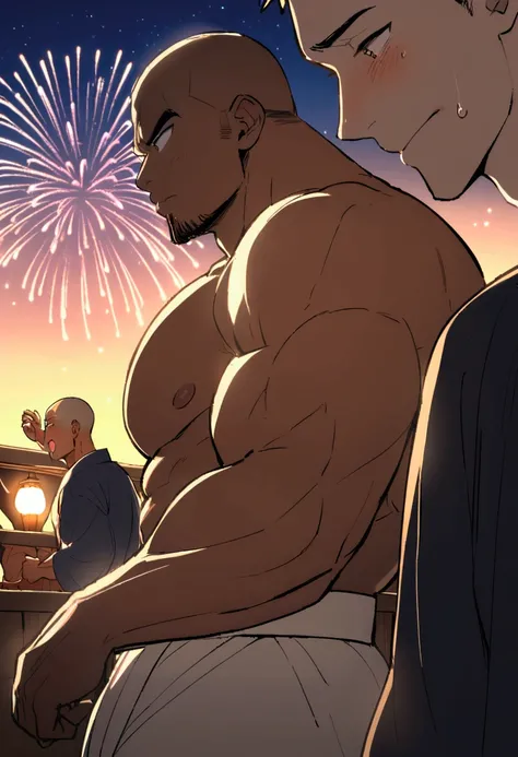 Highest quality、Midsummer evening、Short Hair、Sports haircut、Big macho man、A pair of muscular men wearing yukatas watching fireworks on the veranda、Embarrassed face、Pectoralis major、Abdominal muscles、Brown skin、Shaved head