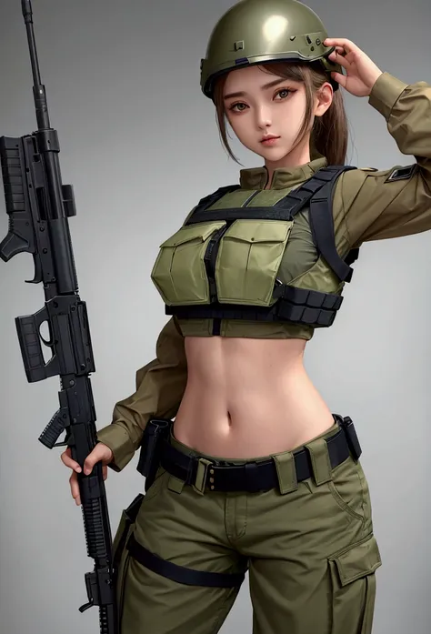 girl in crop top military bulletproof vest see through clothes inside  , military green cargo pants, belt, military helmet, tact...