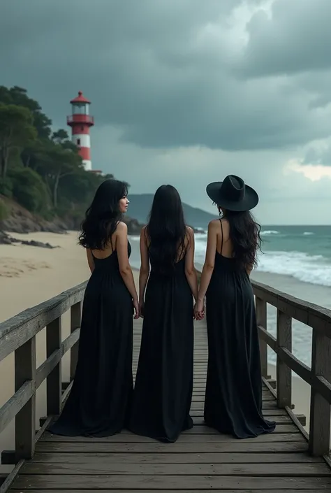 (photorealism:1.2), a 3 curvy asian woman with wavy black hair, wearing a hat, wearing a long black dress walking on a wooden bridge, a beautiful beach and a lighthouse are visible, dark clouds are overcast