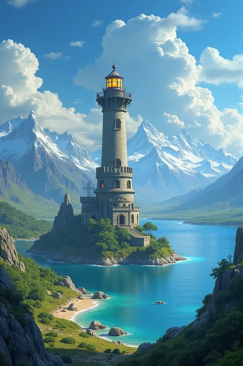 Mountains, plains, and nature, which is a lighthouse that is a ship on the ocean