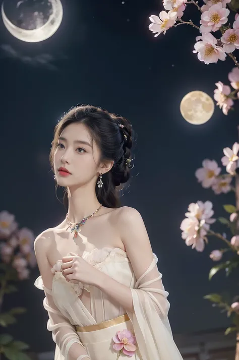 (((best quality))),(((ultra detailed))),(((masterpiece))),illustration,((1 beautiful girl,solo)),(neat chignon:1.2),((earrings,crystal necklace)),((slim,thin)),((small breasts,flat chest)),(stockings:1.3),(a moon in the clear night sky as the background:1....