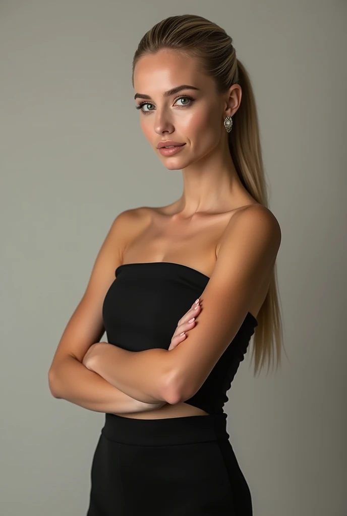 A very realistic and detailed photo of beautiful italian woman wearing black skirt, perfect makeup, long sleek straight ponytail blonde hair, high quality photo 4k, very detailed, perfect fit, looking at the camera, detailed realistic face, detailed eyes, ...