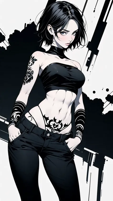 Angle from below, A woman with her hands in her pockets, Asymmetrical Short Hair, Black tube top, Perfect body, Big Breasts, Full body tattoos, Attractive abs, abstract design, A mixed black and white background, Anime Style, Digital Painting, (masterpiece...