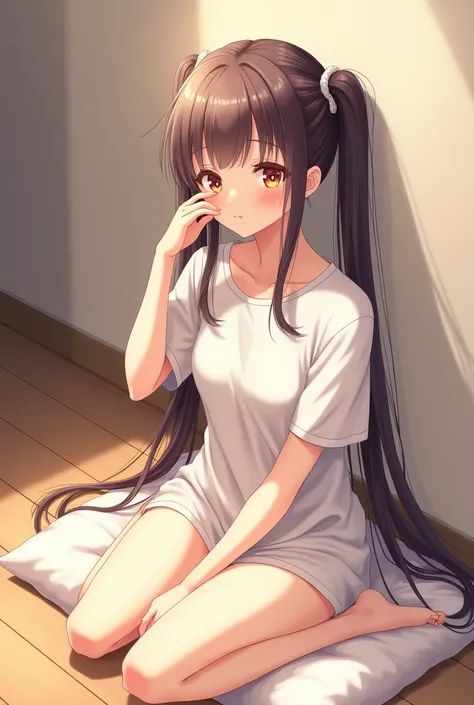 Twin tails、beautiful girl、An illustration、Waking up、Looking at this、Sitting on the floor、whole body、chest、cushion、1 T-shirt、Sleepily rubbing eyes