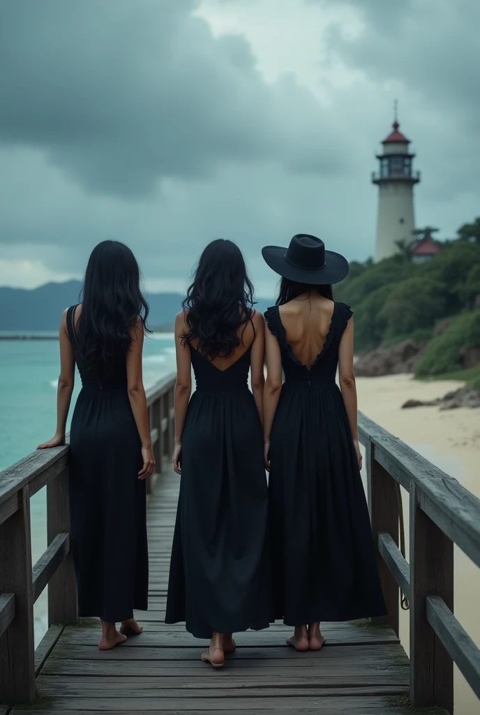 (photorealism:1.2), a 3 curvy asian woman with wavy black hair, wearing a hat, wearing a long black dress walking on a wooden bridge, a beautiful beach and a lighthouse are visible, dark clouds are overcast