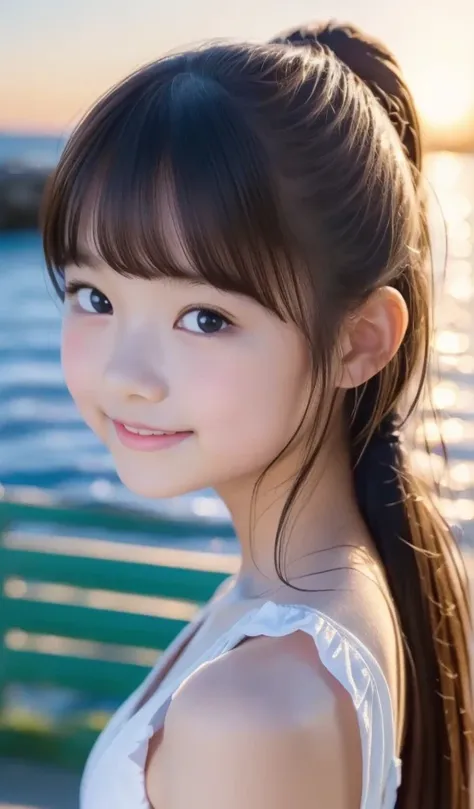 masterpiece, 8k, adorable, very pretty, adolescent, seaside, japanese girl, (portrait, close-up:1.2), exposed forehead, scrunchi...