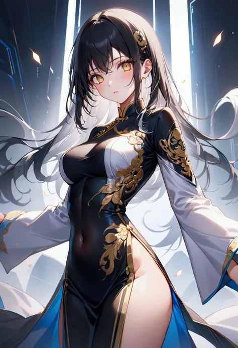 Adult Anime girl with long straight still black hair with white highlights, golden eyes,kungfu dress, detailed body, detailed eyes, masterpiece, best quality, aesthetic, standard pose, 8k, high resolution, ultra-sharp. 