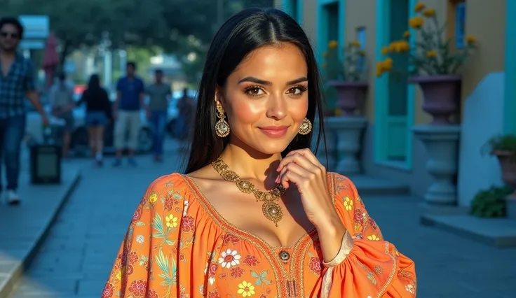 High dynamic range HDR photography of a 30-year-old light skin Persian woman with smooth, golden-brown skin and dark, long black hair, she has a headphone on her head and is enjoying the music. her bright brown eyes sparkling with warmth, her full lips cur...