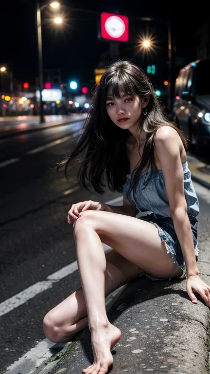 (1girl), russian, solo, long_hair, wearing(denim-strapless-shirt, white-miniskirt), photo(medium-shot), portrait, sitting, pov, blurry_background, background(night, urban, footpath), (photorealistic, absurdres, best_quality:1.55),