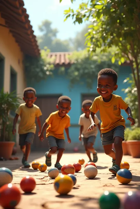 Des enfants en train de jouer  aux billes, dans une cour en province dHaïti. Des jeux dantan qui font rêver tous les enfants. Les enfants sont très joyeux, des éclats de rire. A magnificent setting, luminous, splendid. 