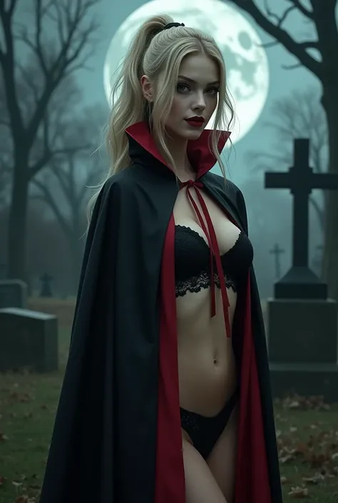 (RAW photo, best quality, masterpiece, ultra-detailed, high res), (realistic),(extremely 
delicate and beautiful:1), mesmerizing vampire woman with long blonde hair in high 
ponytail detailed features, smiling seductively , showing vampire fangs , wearing ...