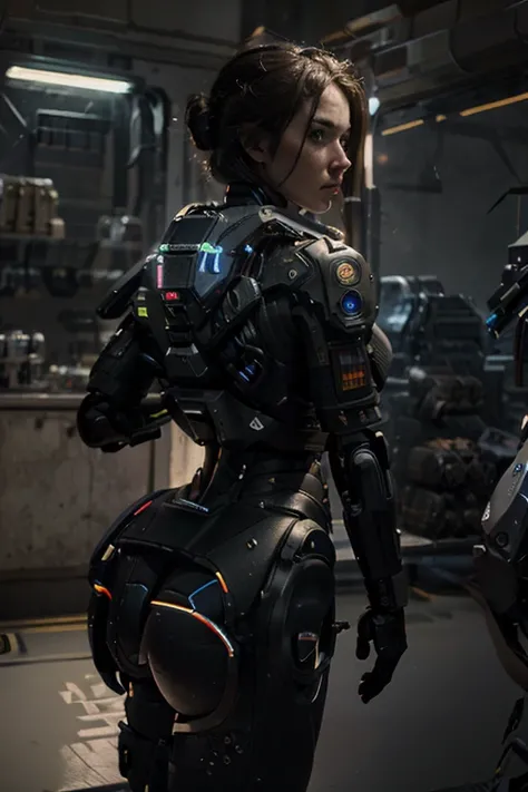 a chubby woman, android, battle machine, pale human face, short dark brown hair, full body, standing, robotic body, (best quality, 4k, 8k, high resolution, masterpiece: 1.2), ultra-detailed, (realistic , photorealistic, photorealistic: 1.37), highly detail...