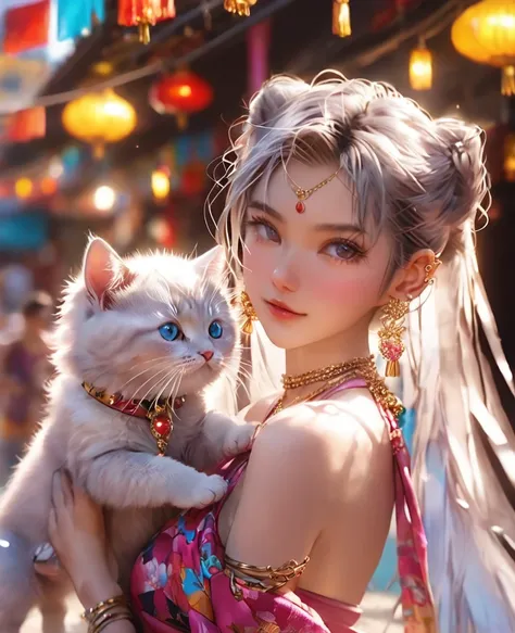 8K，an extremely delicate and beautiful,Beautiful and realistic skin,full body,Shiny jewel-like earrings,like glitter silver hair,beautiful blue eyes,bikini,jeans,asian cute girl,carrying jewels in hand