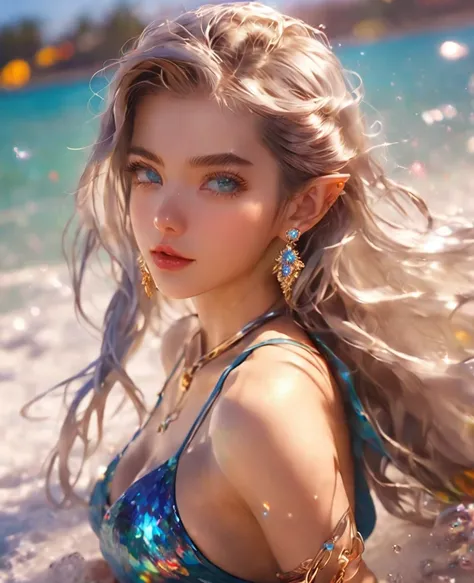 8K，an extremely delicate and beautiful,Beautiful and realistic skin,full body,Shiny jewel-like earrings,like glitter silver hair,beautiful blue eyes,bikini,jeans,asian cute girl,carrying jewels in hand