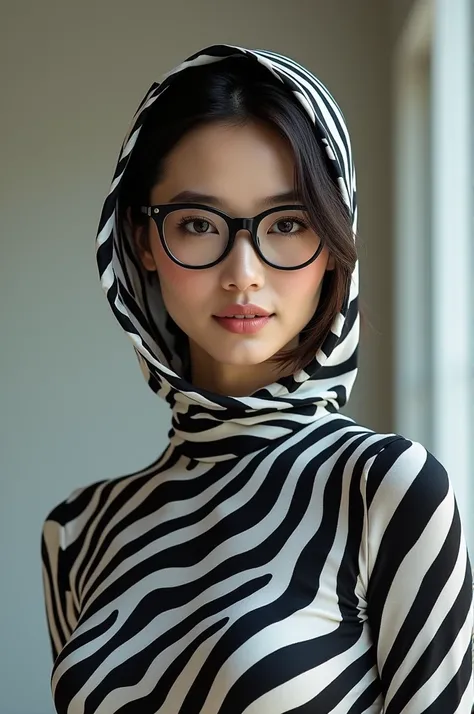 a most beautiful Chinese woman named Tiaw Li Yin with a pair of glasses wears zebra print turtleneck unitard catsuit.She always wear zebra print dancewear hijab-like hood covered with stripes.
