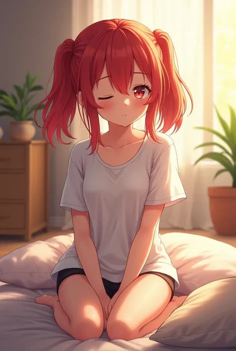 Red medium twintails、beautiful girl、Waking up、Looking at this、Sitting on the floor、whole body、chest、cushion、1 T-shirt、Sleepily rubbing eyes、bra、pants、Morning light