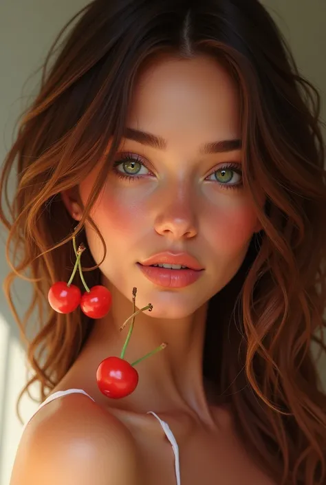 A brunette woman with a slightly tanned summer complexion, green eyes and a love of cherries, with wavier, brown hair with red highlights.