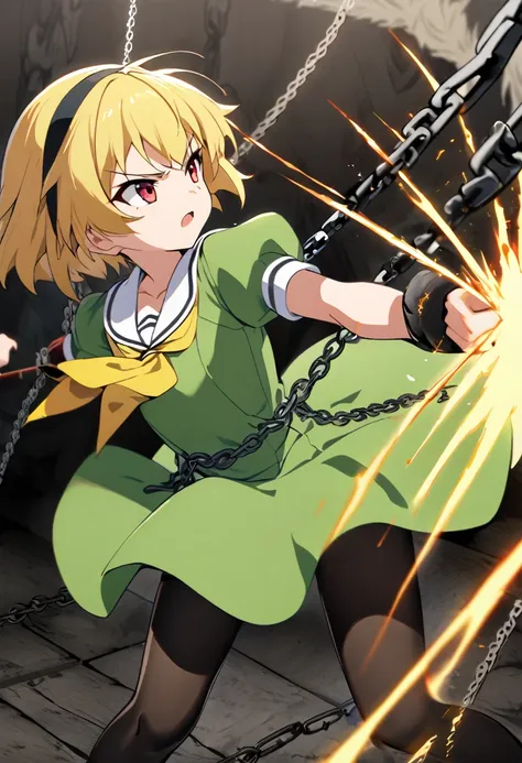 ((chain)), ((chain focus)), (weapon), houjou_satoko, 1girl, 独奏, blonde,short hair,hair band,red eyes,green dress,white sailor co...