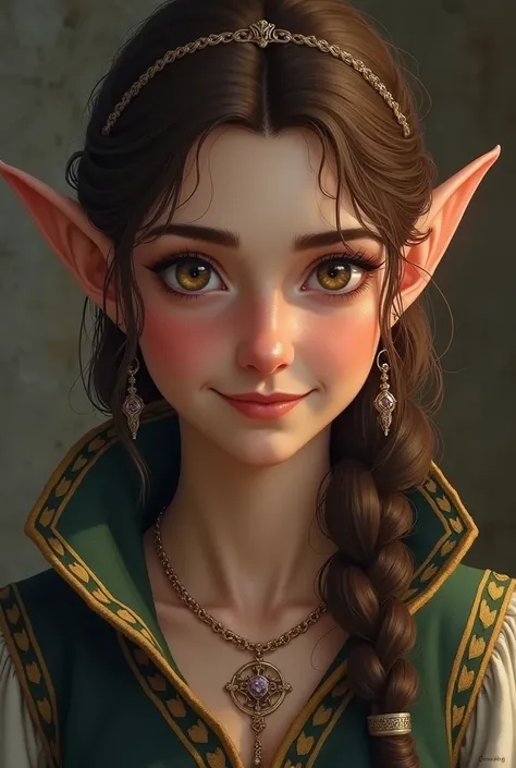 A close-up of a woman with a necklace and a collar on, elf character with smile, Cattie - Brie de Mithril Hall, elevenling, eleven, dwarf woman, female character, mujer mitad eleven, Elder Scrolls Colored, of an ancient ring elf, perfect face and realistic...