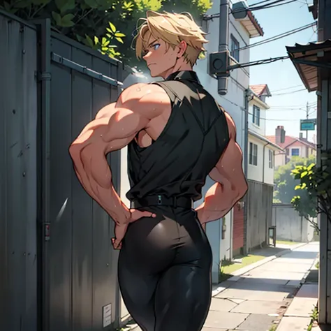 Highest quality,masterpiece　Surprised expression,Raised to be sexy, 　Blonde　Blue eyes　Ripped black tights　Electricity is running　get wet　large delicate eyes　The black sleeveless collared shirt was torn　上半身naked　sweating　youth　torture　Skin is visible in pla...