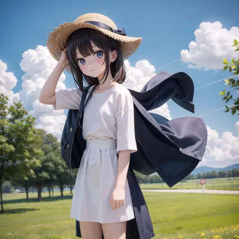 (masterpiece),    blue sky,  one person&#39;s,  smile,  alone,  sailor suit、long skirt,    petal,  plant、skirt lining、translucen...