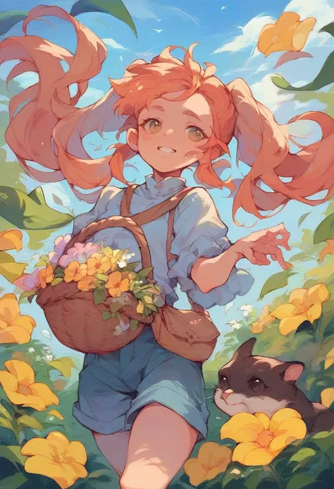 Girl with two ponytails,dressed in a blouse and shorts, in the field with a basket of flowers in her right hand, accompanied by a puppy and a kitten.