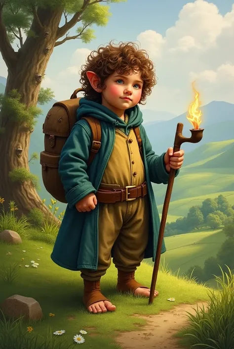 "A small hobbit with curly hair and large hairy feet stands as if about to embark on a long journey. The hobbit is standing on the green grass of the Shire, surrounded by rolling hills and lush greenery. The hobbit is wearing traditional hobbit attire, inc...