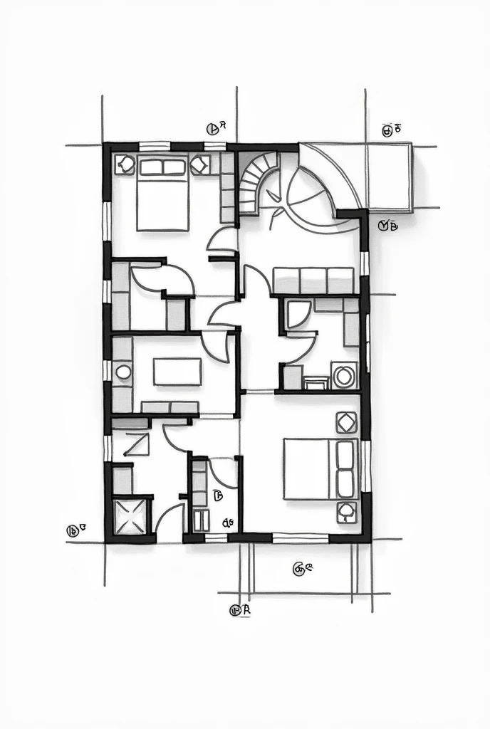 groundloor plan of two story house engineer drafting  black and white sketch, no any writes. high quality.