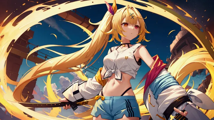 hs1,golden hair,side ponytail, x hair ornament, thigh strap, blue shorts, front-tie top, hair ribbon, midriff, panty straps, white shirt, black choker, open jacket,legendary dragon,volcano,eruption,dual swords,