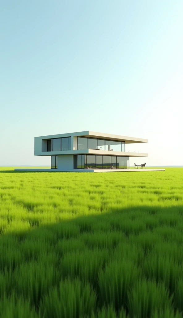 Modern house in the middle of nowhere with full green grass