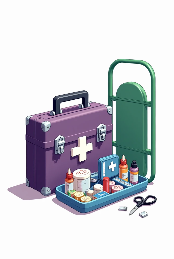  detailed illustration of a first aid kit on a white background. The kit is a dark purple case with a handle and metal clasps.. On the front of the case, there is a big white cross symbol, indicating that it is a first aid kit.
Inside the suitcase, various...