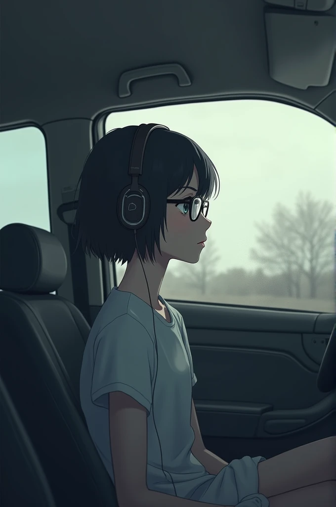 Generate an image with a short-haired girl with glasses with headphones v
Whites sitting in a car in looking out the window