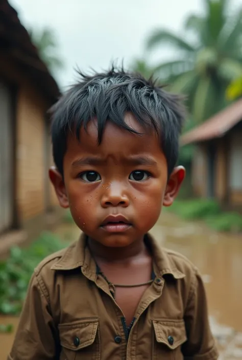 Now Bangladesh is flood affected. A Bangladeshi village is attack by flood. Generate a Bangladehi cute Baby picture which background is Bangladeshi village. A Affrid cute baby of village which is affected by flood, his age is 2 years. He is tearing deeply....