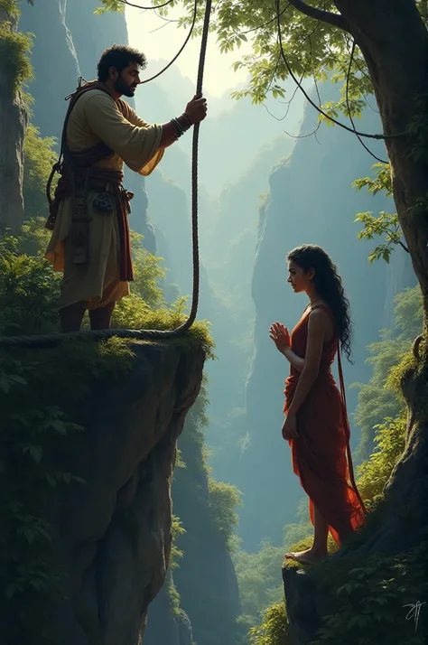 "Rajesh securing a rope to a sturdy tree at the edge of the chasm while Nandini looks apprehensive, clutching her hands tightly."