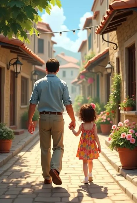 Back view of a father and his  daughter walking hand in hand through town