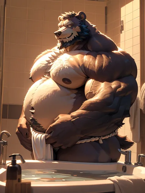 1boy, 1man, solo, a potrait (furry grizzly bear), (face:1.3, detailed face, bearded, beard, thick mustache), chubby, fat belly, huge belly, bathtub , bathroom, extremely huge muscular, massive muscular , (white fundoshi), well-muscled old man. ((extremely ...