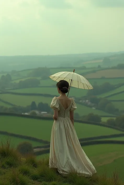 Women with umbrella from behind, wearing dress, in England era, in the hill, alone