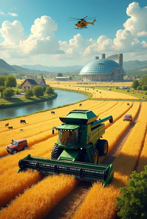 write boldly "Sime PLC..." at the bottom, combine harvester on a huge farm land, a building on a far behind, a helicopter,cars and A Home close to the land ,different kind of farm products on th land, a shade made of glass on the land,a river on the side