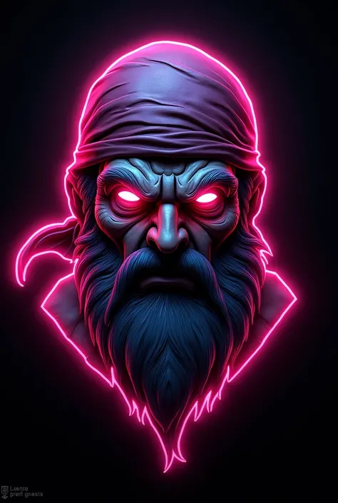 Pirat head,neon pink outlines,fantasy stil,black Background ,bandana