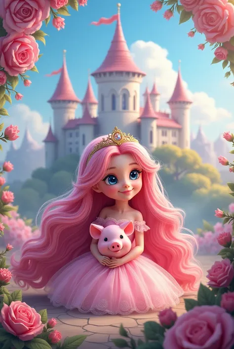 Book cover of a cute princess with long pink hair against a castle background with her little pink piggy friend