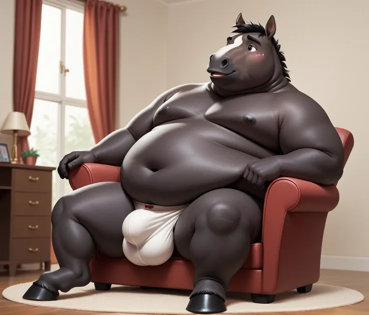 (cute, fat, obese, anthro, male, horse), full body, nude, ((white underwear)), big bulge, hungry expression, room, sitting on chair, hires textures, highly detailed, intricate details, best quality, masterpiece, detailxl, zPDXL2