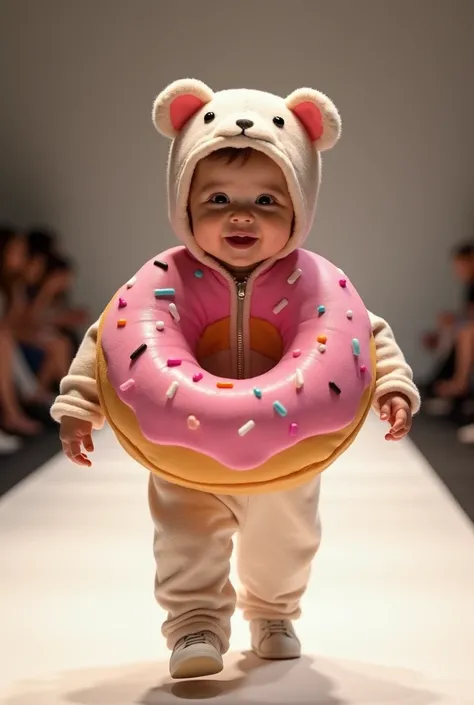 Create a scene where an adorable baby is dressed in a donut costume, and walks confidently down the runway, smiling, showing off her ultra-realistic fashion sense. ultra-realistic 4k moving camera