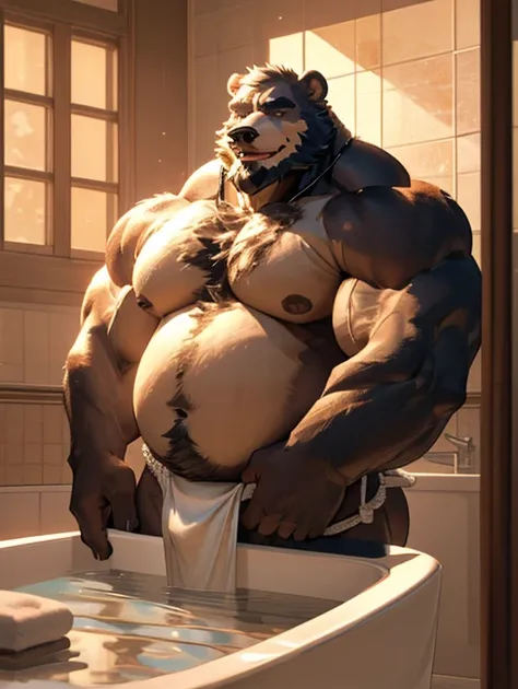 1boy, 1man, solo, a potrait (furry grizzly bear), (face:1.3, detailed face, bearded, beard, thick mustache), chubby, fat belly, huge belly, bulge, bathing, bathtub , bathroom, extremely huge muscular, massive muscular , (white fundoshi), well-muscled old m...