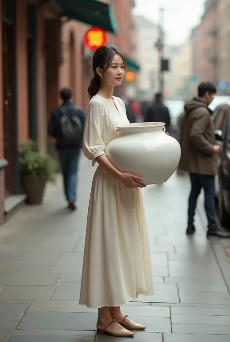 Realistic woman holding a white pot on the street