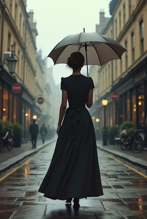 Women with umbrella from behind, wearing dress, in England era, in the city, alone