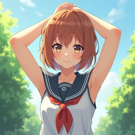 17 yrs old anime girl, outdoors, curious expression, wearing a sleeveless sailor uniform, raising arms and showing her underarms. visible torso.
