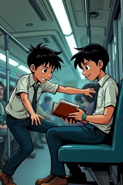 (comic) (wearing school uniform) A boy tries to snatch a book from a boy whos sitting in a bus seat.